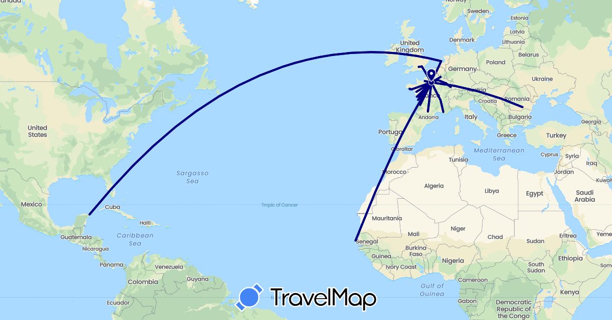 TravelMap itinerary: driving in France, United Kingdom, Mexico, Netherlands, Romania, Senegal (Africa, Europe, North America)
